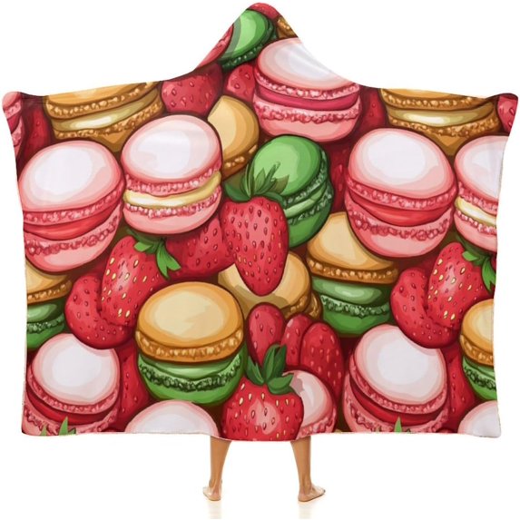 Colorful Macarons Cake And Various Fruits Hooded Blanket Soft Wearable Blanket Throw Blanket Wrap Cloak Cape for Women Men