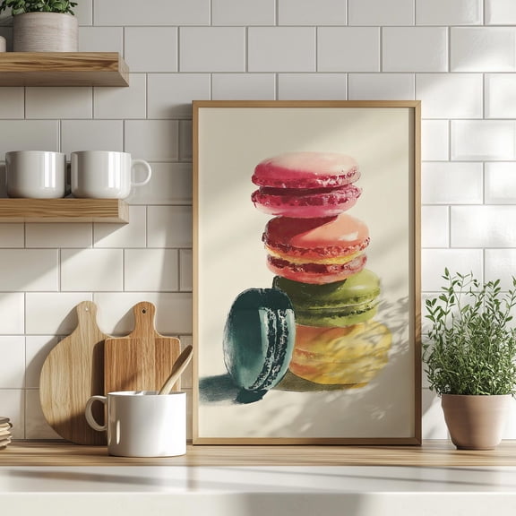 Colorful Macarons Wall Art, Minimal Dessert Kitchen Decor, Unframed Paper Print Size 16x24