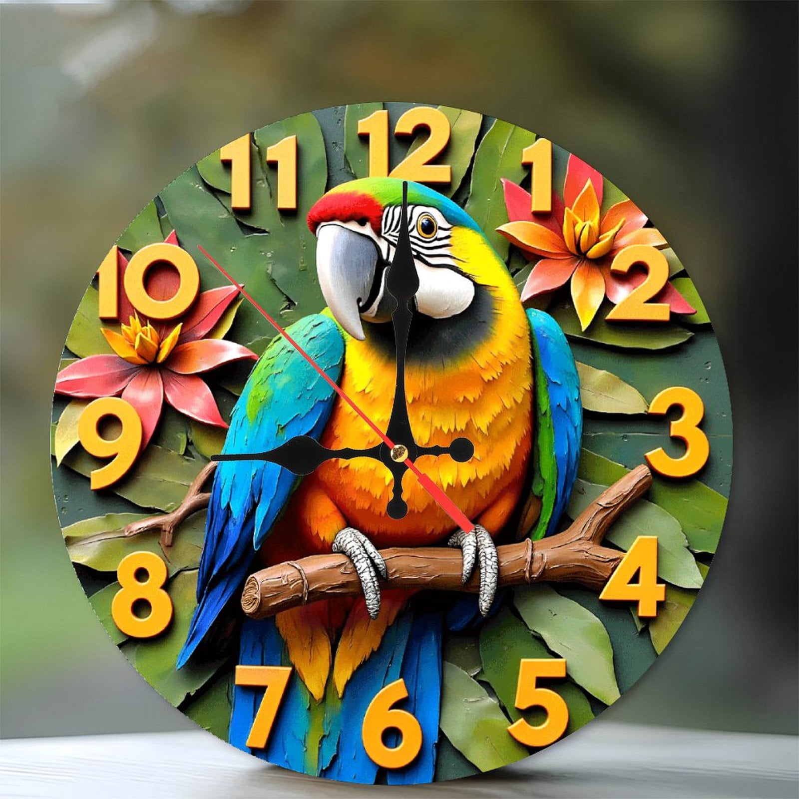 View of Colorful Macaw Wall Clock Home Decor Art 10-Inch Silent Wooden Wall ...