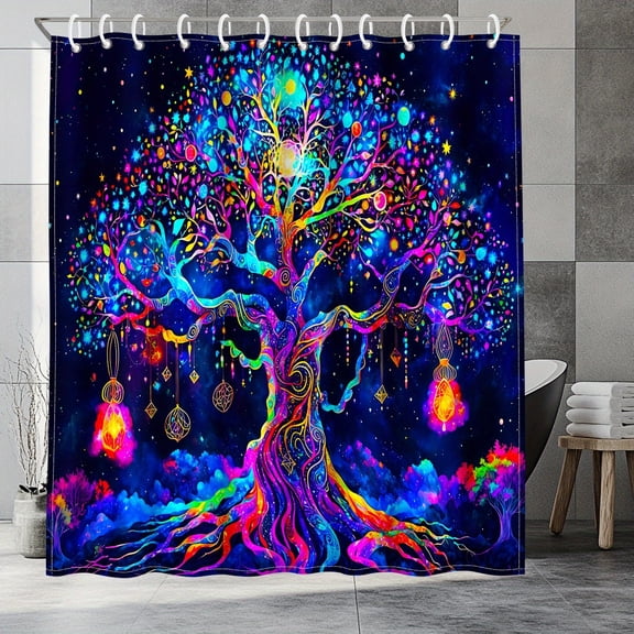 Colorful Magic Life Tree Star Night Sky Shower Curtain, Fantasy Nature Bathroom Curtain