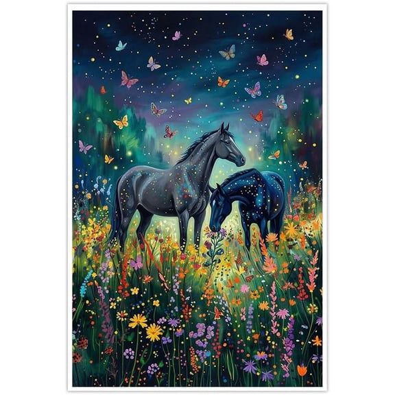 Colorful Magical Horses Canvas Wall Art, Vibrant Starry Night Wildflower Meadow with Glowing Butterflies, Fantasy Equine Print for Living Room Bedroom Home Decor