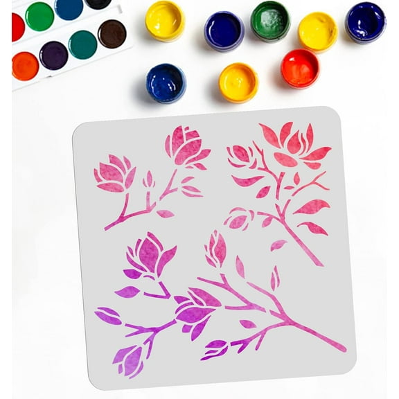 Colorful Magnolia Stencil Magnolia Flower Stencils 11.8×11.8 Inch Reusable Classic Flower Floral for Painting on Wood Canvas Paper Fabric Floor Wall Tile
