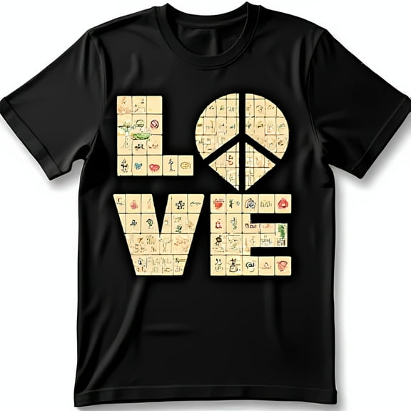 Colorful Mahjong LOVE Graphic Black T-Shirt with Peace Sign Design