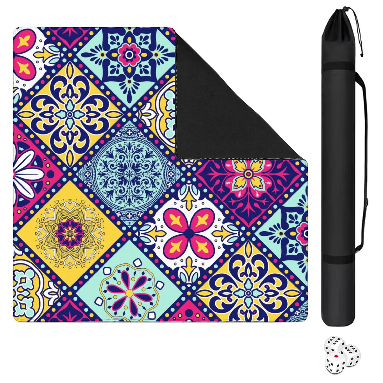 Colorful Mahjong Mat with Rules, 31.5*31.5in Anti Slip American Mahjong Mat for Table, Noise Reduction, Neoprene Mah jongg Mats with Carrying Bag & 3 Dices, Mahjong Set Gift, Board Tile Games Mats