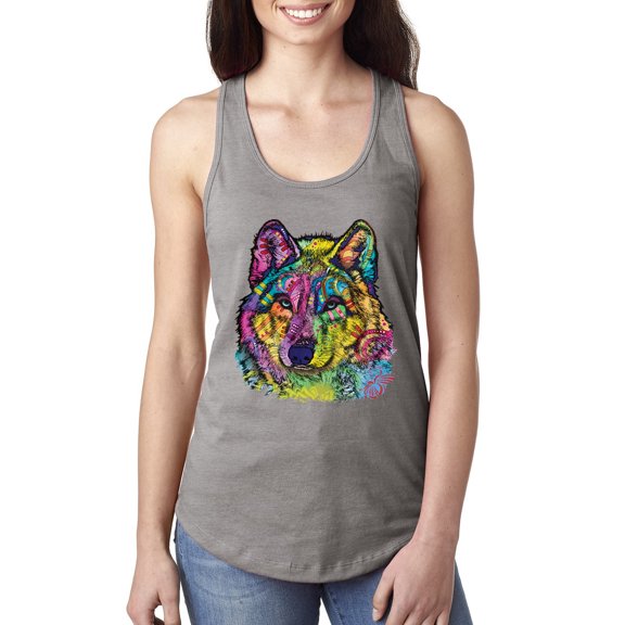 Colorful Majestic Neon Atric Wolf | Dean Russo Art Animal Lover Ladies Racerback Sleeveless Top, Heather Grey, S
