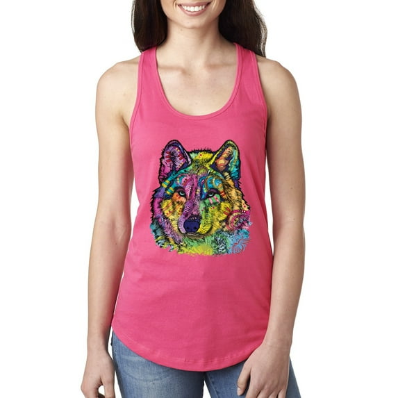 Colorful Majestic Neon Atric Wolf | Dean Russo Art Animal Lover Ladies Racerback Sleeveless Top, Hot Pink, S