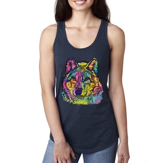 Colorful Majestic Neon Atric Wolf | Dean Russo Art Animal Lover Ladies Racerback Sleeveless Top, Navy, L