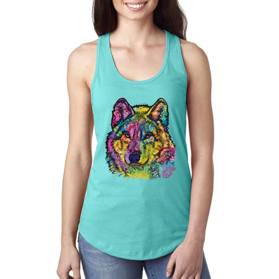 Colorful Majestic Neon Atric Wolf | Dean Russo Art Animal Lover Ladies Racerback Sleeveless Top, Tahiti Blue, XL