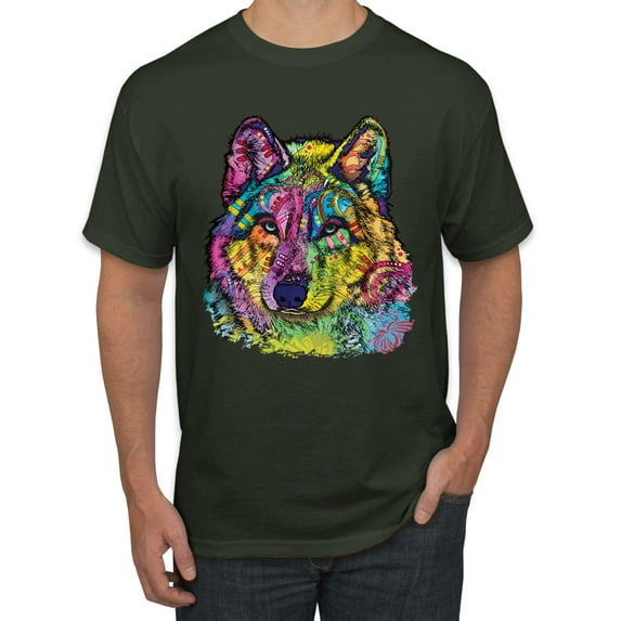 Colorful Majestic Neon Atric Wolf | Dean Russo Art Animal Lover Men's T-Shirt, Forest Green, 5XL