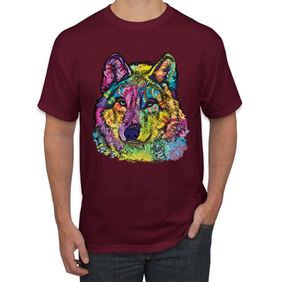 Colorful Majestic Neon Atric Wolf | Dean Russo Art Animal Lover Men's T-Shirt, Maroon, 5XL