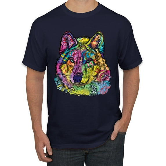 Colorful Majestic Neon Atric Wolf | Dean Russo Art Animal Lover Men's T-Shirt, Navy, 4XL