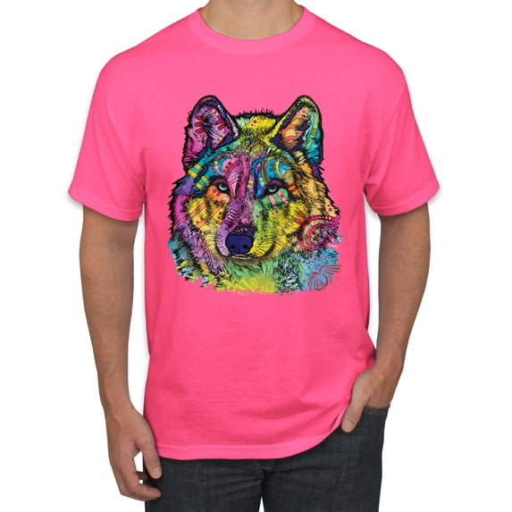 Colorful Majestic Neon Atric Wolf | Dean Russo Art Animal Lover Men's T-Shirt, Neon Pink, 5XL