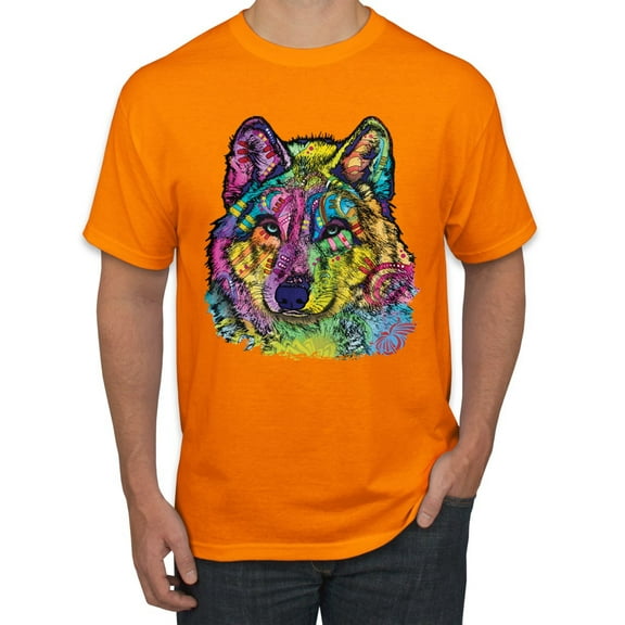Colorful Majestic Neon Atric Wolf | Dean Russo Art Animal Lover Men's T-Shirt, Orange, XL