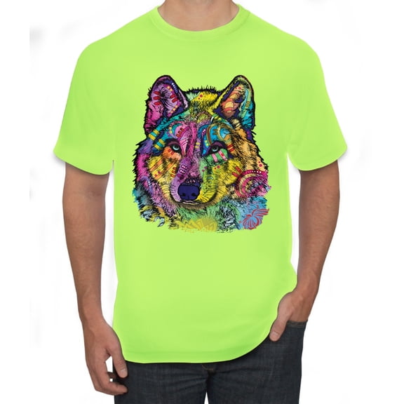 Colorful Majestic Neon Atric Wolf | Dean Russo Art Animal Lover Men's T-Shirt, Safety Green, S