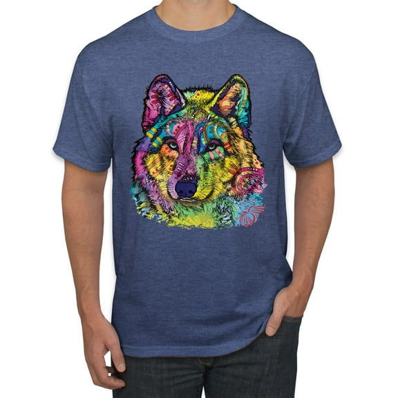 Colorful Majestic Neon Atric Wolf | Dean Russo Art Animal Lover Men's T-Shirt, Vintage Heather Blue, L
