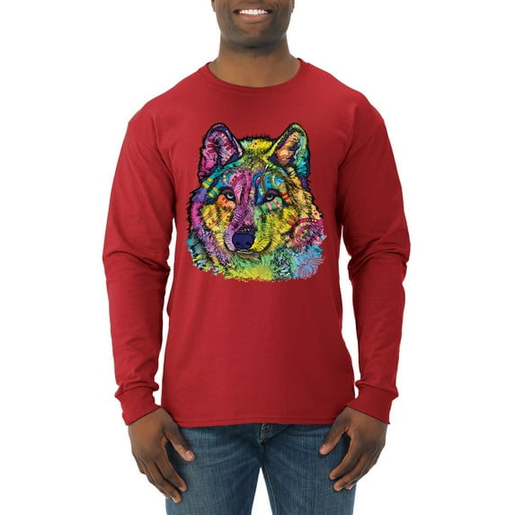 Colorful Majestic Neon Atric Wolf | Dean Russo Art Animal Lover Mens Long Sleeve Shirt, Red, M