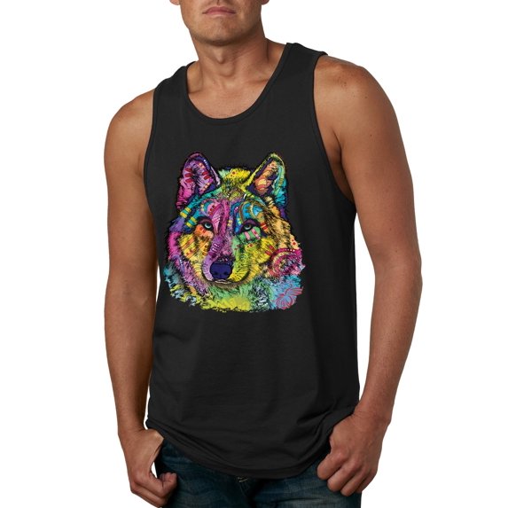 Colorful Majestic Neon Atric Wolf | Dean Russo Art Animal Lover Mens Sleeveless Top, Black, 3XL