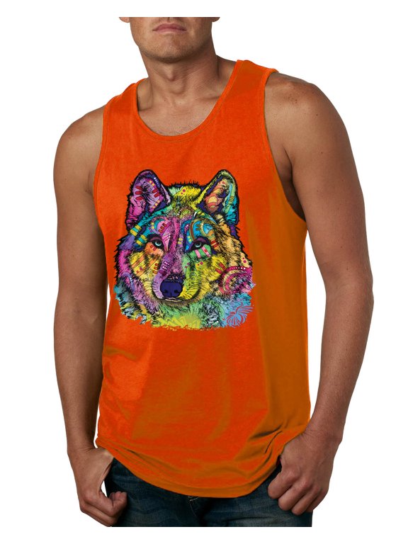Colorful Majestic Neon Atric Wolf | Dean Russo Art Animal Lover Mens Sleeveless Top, Orange, S