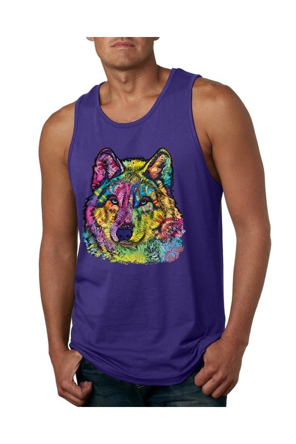 Colorful Majestic Neon Atric Wolf | Dean Russo Art Animal Lover Mens Sleeveless Top, Purple, 3XL