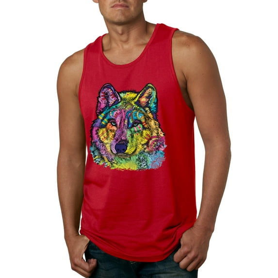 Colorful Majestic Neon Atric Wolf | Dean Russo Art Animal Lover Mens Sleeveless Top, Red, 2XL