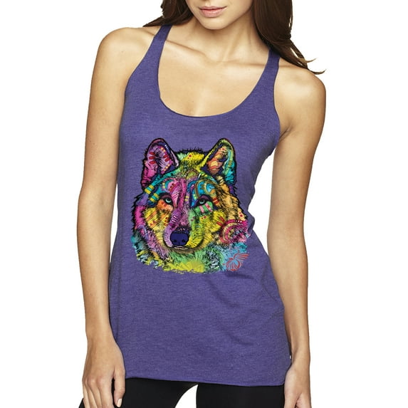 Colorful Majestic Neon Atric Wolf | Dean Russo Art Animal Lover Tri-Blend Racerback Sleeveless Top, Purple Rush, XL