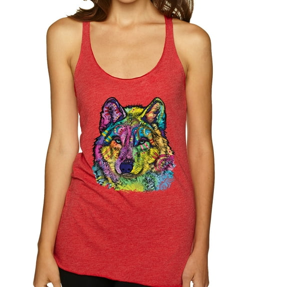 Colorful Majestic Neon Atric Wolf | Dean Russo Art Animal Lover Tri-Blend Racerback Sleeveless Top, Vintage Red, L