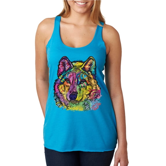 Colorful Majestic Neon Atric Wolf | Dean Russo Art Animal Lover Tri-Blend Racerback Sleeveless Top, Vintage Turquoise, M