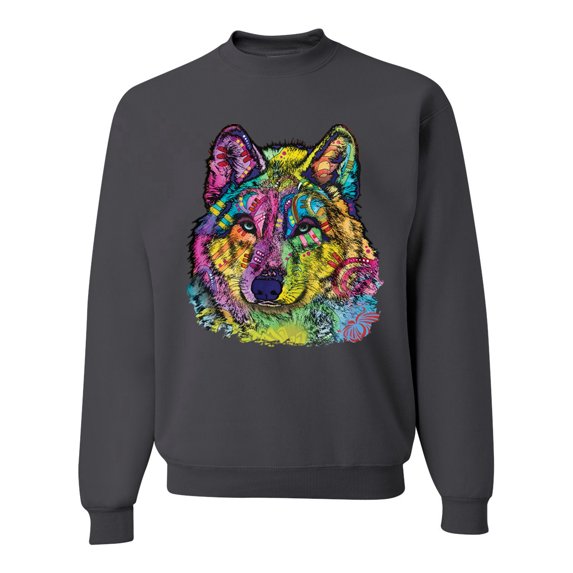 Colorful Majestic Neon Atric Wolf | Dean Russo Art Animal Lover Unisex Crewneck Sweatshirt, Charcoal, 3XL