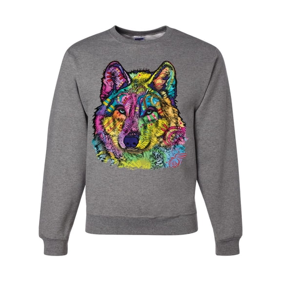 Colorful Majestic Neon Atric Wolf | Dean Russo Art Animal Lover Unisex Crewneck Sweatshirt, Heather Grey, XL