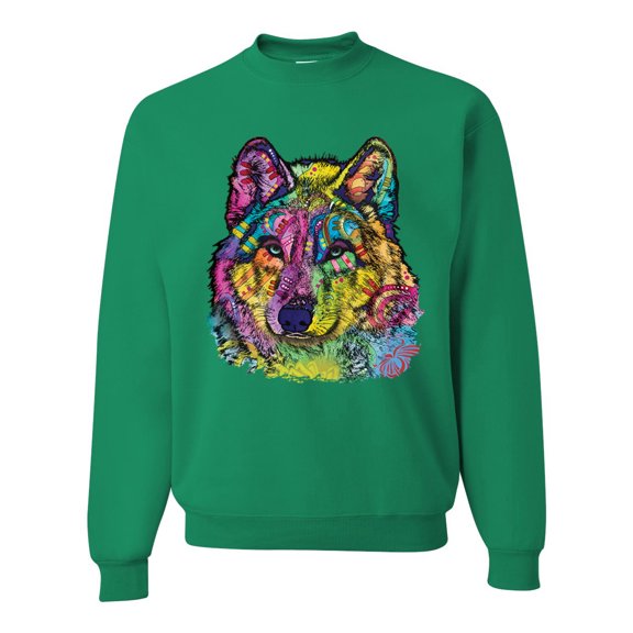 Colorful Majestic Neon Atric Wolf | Dean Russo Art Animal Lover Unisex Crewneck Sweatshirt, Kelly, L