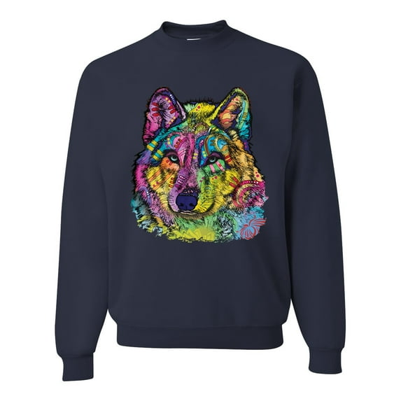 Colorful Majestic Neon Atric Wolf | Dean Russo Art Animal Lover Unisex Crewneck Sweatshirt, Navy, 3XL
