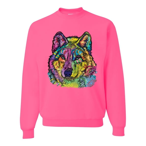 Colorful Majestic Neon Atric Wolf | Dean Russo Art Animal Lover Unisex Crewneck Sweatshirt, Neon Pink, 2XL