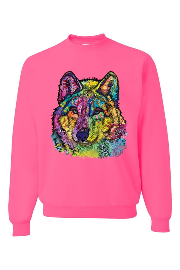 Colorful Majestic Neon Atric Wolf | Dean Russo Art Animal Lover Unisex Crewneck Sweatshirt, Neon Pink, 3XL