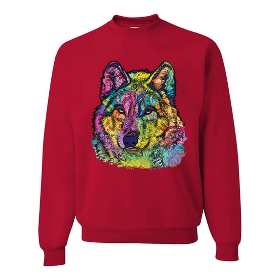 Colorful Majestic Neon Atric Wolf | Dean Russo Art Animal Lover Unisex Crewneck Sweatshirt, Red, L