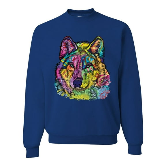 Colorful Majestic Neon Atric Wolf | Dean Russo Art Animal Lover Unisex Crewneck Sweatshirt, Royal, M