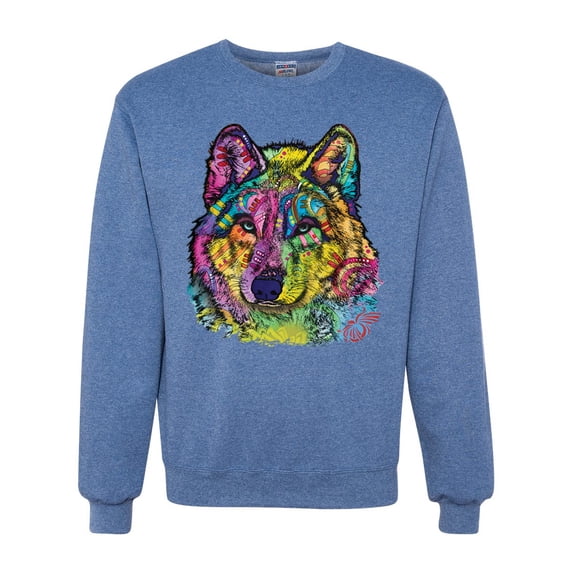 Colorful Majestic Neon Atric Wolf | Dean Russo Art Animal Lover Unisex Crewneck Sweatshirt, Vintage Heather Blue, M