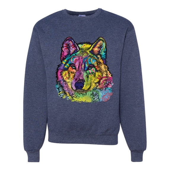 Colorful Majestic Neon Atric Wolf | Dean Russo Art Animal Lover Unisex Crewneck Sweatshirt, Vintage Heather Navy, 2XL