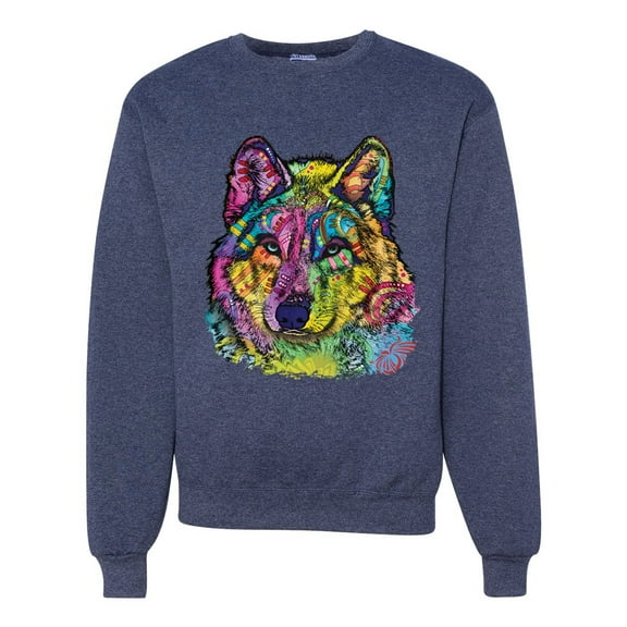 Colorful Majestic Neon Atric Wolf | Dean Russo Art Animal Lover Unisex Crewneck Sweatshirt, Vintage Heather Navy, S