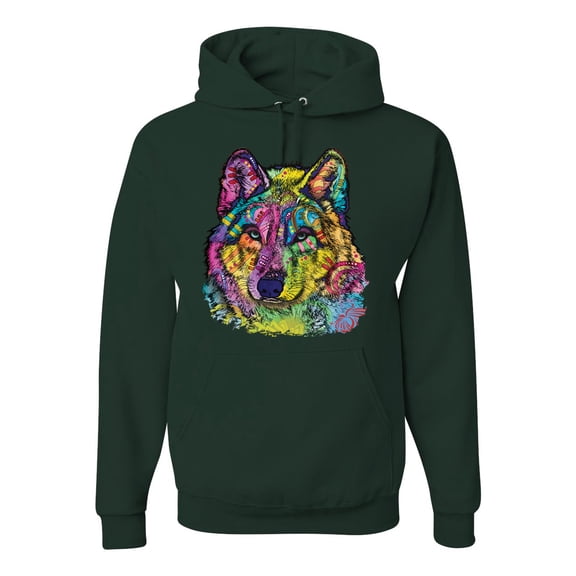 Colorful Majestic Neon Atric Wolf | Dean Russo Art Animal Lover Unisex Hoodie Sweatshirt, Forest Green, S