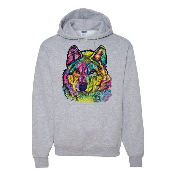 Colorful Majestic Neon Atric Wolf | Dean Russo Art Animal Lover Unisex Hoodie Sweatshirt, Heather Grey, L