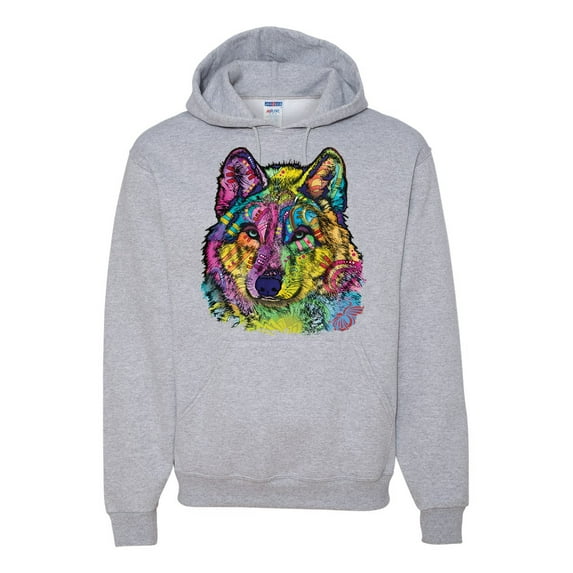 Colorful Majestic Neon Atric Wolf | Dean Russo Art Animal Lover Unisex Hoodie Sweatshirt, Heather Grey, L