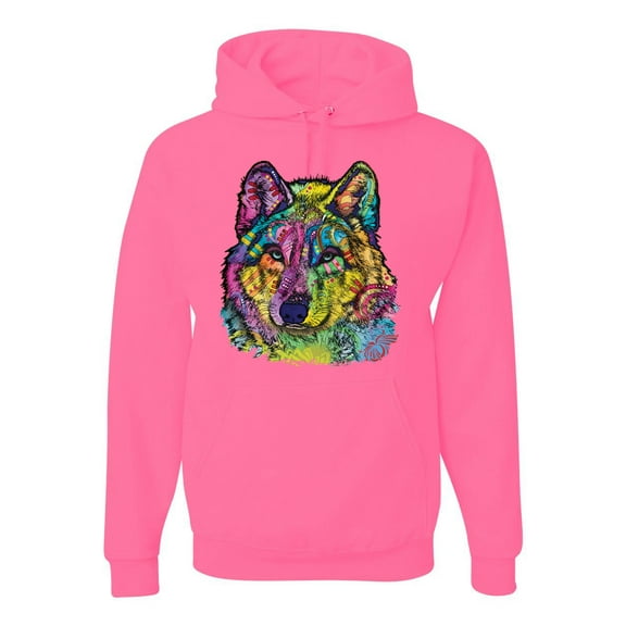 Colorful Majestic Neon Atric Wolf | Dean Russo Art Animal Lover Unisex Hoodie Sweatshirt, Neon Pink, M