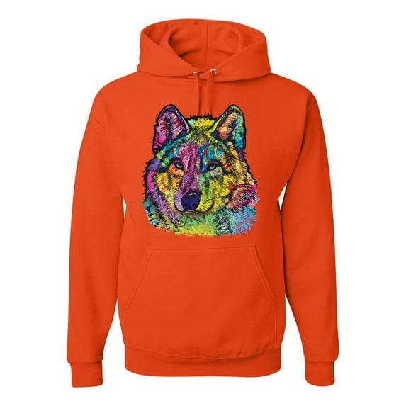 Colorful Majestic Neon Atric Wolf | Dean Russo Art Animal Lover Unisex Hoodie Sweatshirt, Orange, L