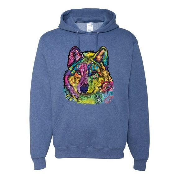 Colorful Majestic Neon Atric Wolf | Dean Russo Art Animal Lover Unisex Hoodie Sweatshirt, Vintage Heather Blue, L