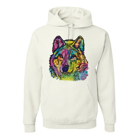 Colorful Majestic Neon Atric Wolf | Dean Russo Art Animal Lover Unisex Hoodie Sweatshirt, White, L