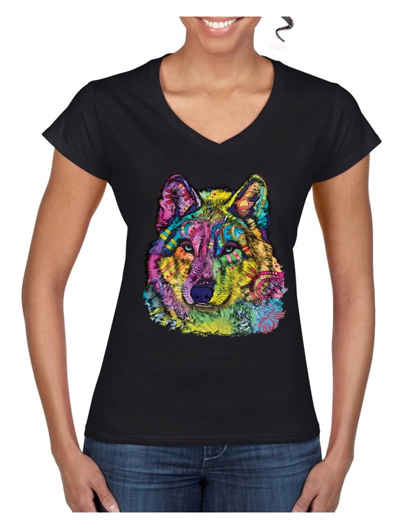 Colorful Majestic Neon Atric Wolf | Dean Russo Art Animal Lover Women's Standard V-Neck Tee, Black, L
