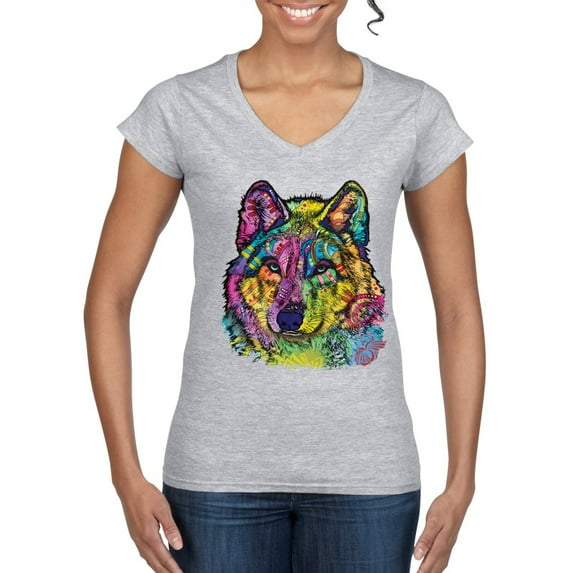 Colorful Majestic Neon Atric Wolf | Dean Russo Art Animal Lover Women’s Standard V-Neck Tee, Heather Grey, S