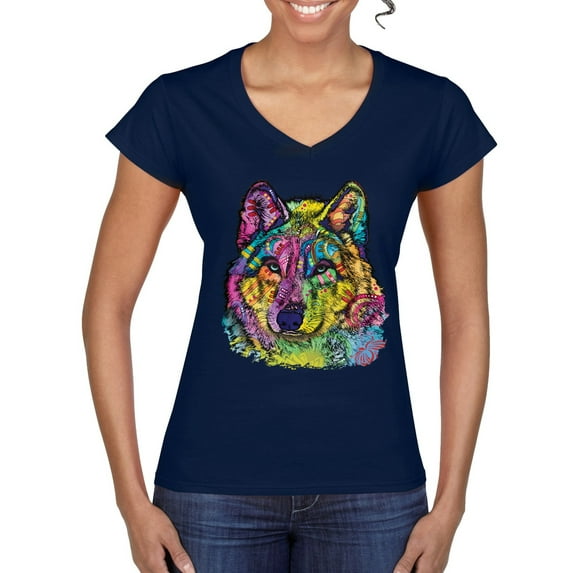 Colorful Majestic Neon Atric Wolf | Dean Russo Art Animal Lover Women’s Standard V-Neck Tee, Navy, XL
