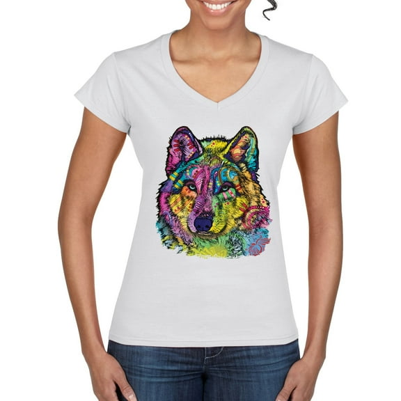 Colorful Majestic Neon Atric Wolf | Dean Russo Art Animal Lover Womenâ€™s Standard V-Neck Tee, White, L