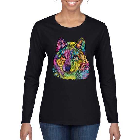 Colorful Majestic Neon Atric Wolf | Dean Russo Art Animal Lover Womens Long Sleeve T-Shirt, Black, M